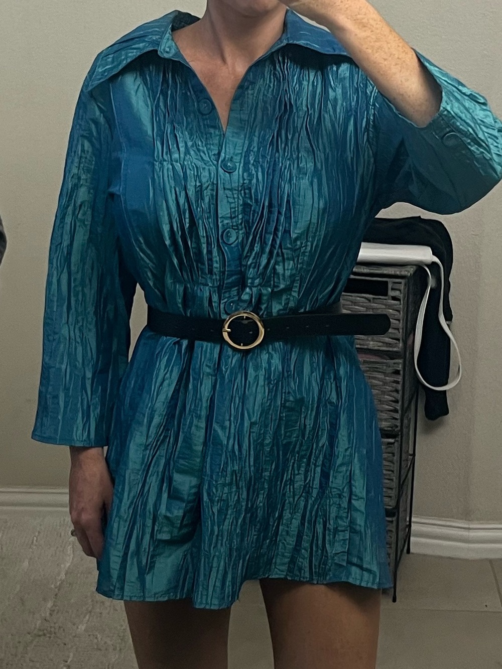 Simply Noelle Teal Crinkled Button-Front Blouse Art-Wear, Boho, Resort Wear